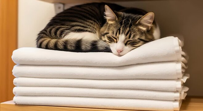 Sleeping tabby cat on soft blankets
