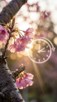 Spring forward daylight saving time concept with a glowing clock moving one hour ahead against a backdrop of pink cherry blossoms and warm sunlight.