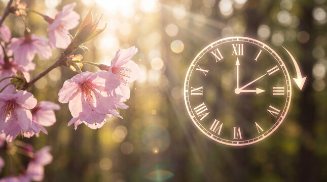 Spring forward daylight saving time concept with a glowing clock moving one hour ahead against a backdrop of pink cherry blossoms and warm sunlight.