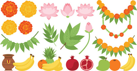 Vibrant Pooja decoration elements with marigold flowers and fruits