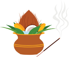 Vibrant puja pot with coconut and leaves for Indian festival
