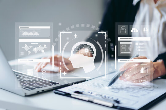 Skilled business hands integrate artificial intelligence solutions with technology tools to generate innovative content and manage important digital documents
