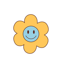 Obraz premium Groovy y2k flower sticker in a yellow and blue cartoon graphic style. Happy smile as a cute and funky groovy element gives retro accent. Retro sticker design fits pop art or trendy decor use.