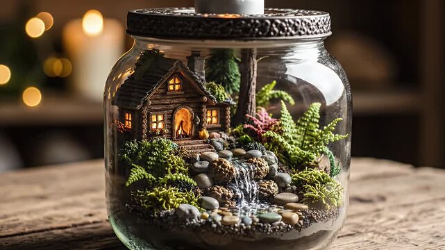 Cozy Miniature Cottage Terrarium in a Glass Jar with Moss and Warm Lights