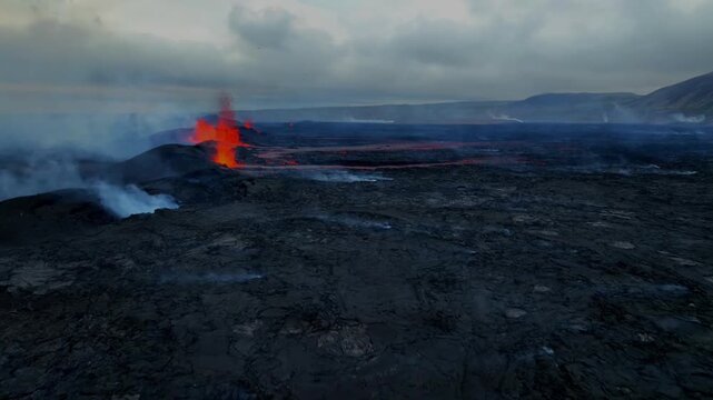 Aerial view of active volcano fissure eruption at duk