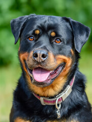 Obraz premium Portrait of a happy and friendly Rottweiler dog with shiny black and tan coat wearing a collar against a natural green blurred outdoor background