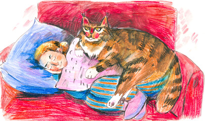 Illustration of a Cat Sleeping on a Person