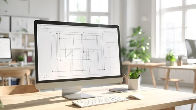 CAD学習を想定した北欧スタイルのコンピュータ教室。
デスクトップ画面には技術的な線画や設計図を表示。
木製デスクとミニマルな北欧インテリアが集中力を高める。