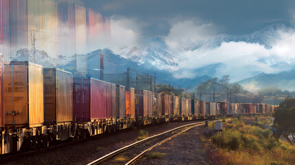 Fototapeta premium Freight trains moving through a landscape with cargo containers for efficient ground transport, Generative AI illustrations.