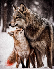 Obraz premium A Forbidden Valentine's Day Bond, Wolf and Fox. Oil painting.