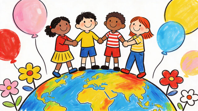 Children holding hands around the globe with colorful balloons and flowers  