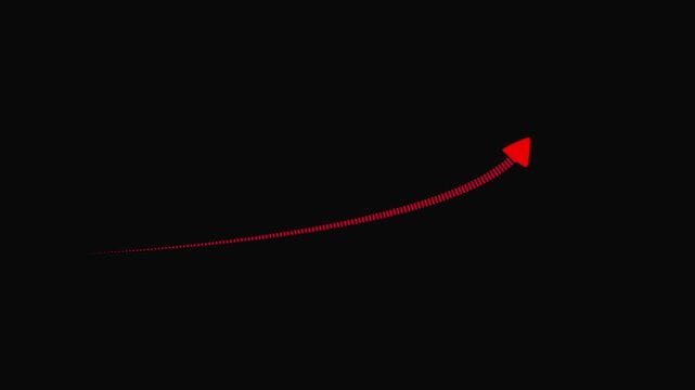 Red dotted line with arrow pointing upwards on black background, directional movement concept, growth and progress video animation l, business and finance. dynamic trajectory line.