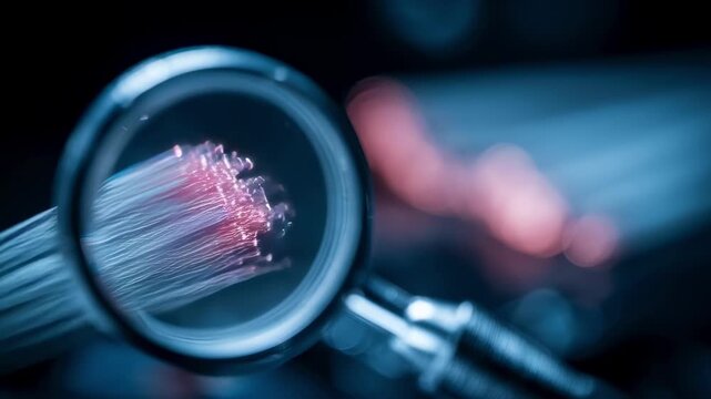 Focused view of fiber optic cable ends being examined under magnification shallow depth of field showcases critical assembly fidelity in a blurred setting.