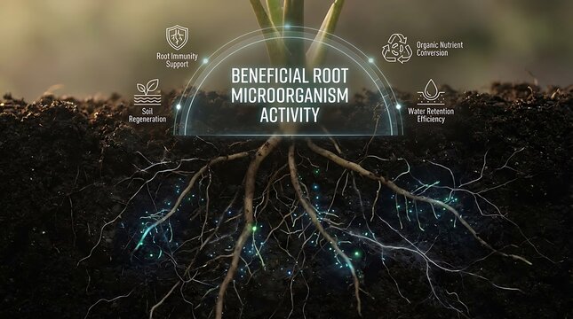 Beneficial Root Microorganism Activity in Soil with Plant Roots and Scientific Data Overlay.