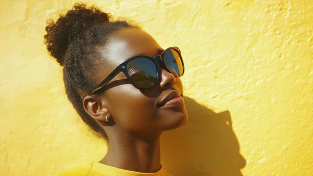 Candid videograph of young woman with sunglasses looking upward during sunset.