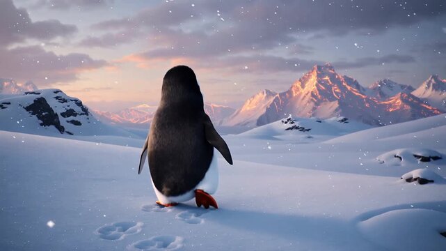 Cute Animated Penguin Beginning a Journey in Magical Snowy Landscape Cinematic 3D
