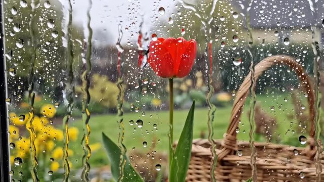 Red Tulip in Spring Rain Viewed Through Wet Glass