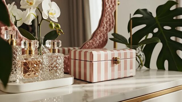 Elegant marble countertop display featuring tropical Monstera leaves and a striped gift box centerpiece