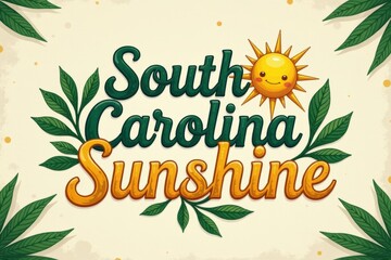 Obraz premium South Carolina Sunshine Vivid Lettering with Palms, U.S. State Series Slogan 