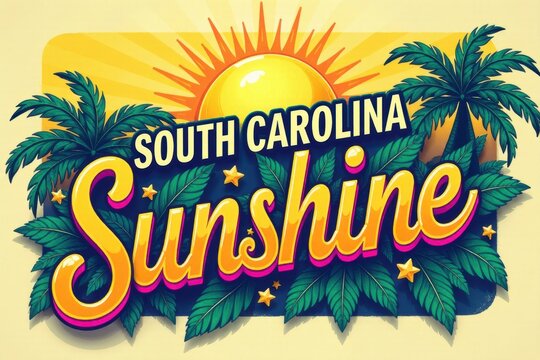 South Carolina Sunshine Vivid Lettering with Palms, U.S. State Series Slogan	