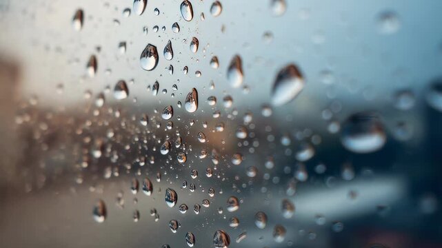 Closeup on water droplets sliding off a hydrophobic nanocoating on a glass pane sharply focused with a softly blurred surrounding environment emphasizing water resistance