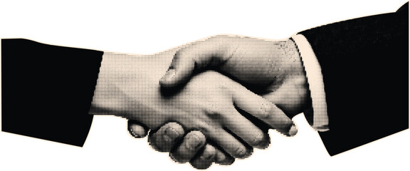 Business handshake agreement between two men in suits depicted using halftone dot pattern representing trust cooperation and successful partnership deal