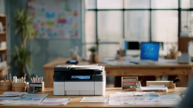 Medium shot capturing an ecoconscious workspace centered on a printer using biodegradable inks with the background subtly out of focus to emphasize the device.