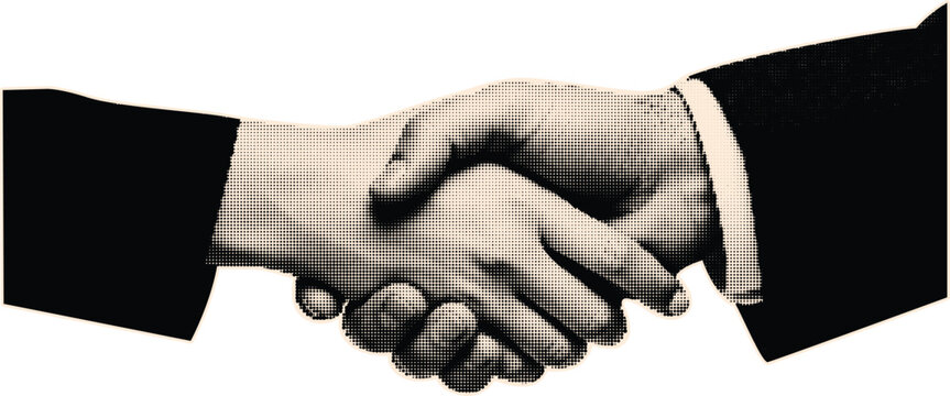 Business handshake agreement between two men in suits depicted using halftone dot pattern representing trust cooperation and successful partnership deal