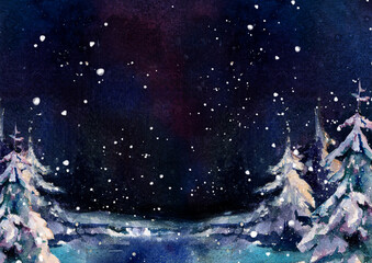 Obraz premium Watercolor winter night scene with snow-covered fir trees on both sides and falling snow. Dark sky and central copy space. Suitable for banners, greeting cards and seasonal design.