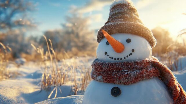 Snowman standing on hilltop with sunset sky