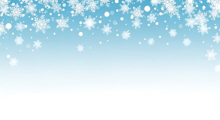 A winter background showing a blue gradient with floating snowflakes and small white dots