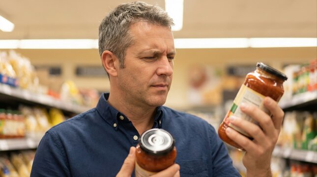 middle-aged man deciding between two jars of pasta sauce in a grocery store aisle