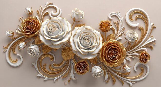 Elegant gold and white roses with ornate swirls, luxurious floral design, baroque style, decorative art, 3d render