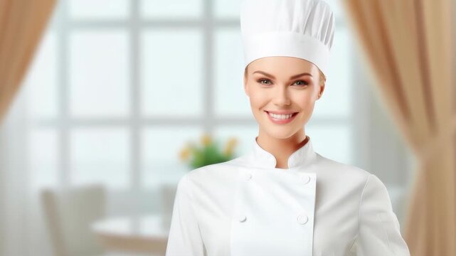 Smiling Chef in Professional Attire: A confident female chef, radiating warmth and expertise, stands in a kitchen setting, dressed in a pristine chef's hat and uniform.