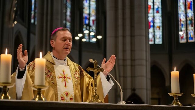 Man bishop in golden vestment praying with hands raised at altar with candles, cross, and microphone in church for ceremony.