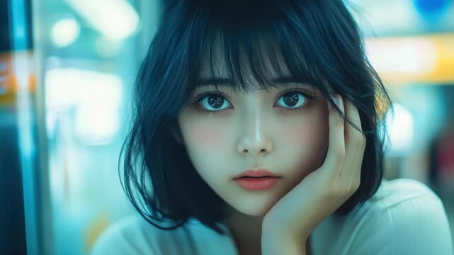 Poised Reflection: A young woman, exuding calm, gazes directly at the viewer with serene eyes, her expression hinting at deep contemplation.