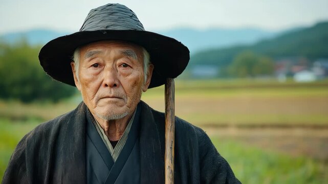 The Contemplative Farmer: A serene elderly farmer gazes with wisdom and resilience, a timeless portrait of rural life and heritage.