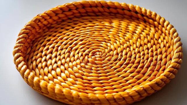 Woven Tray's Texture and Pattern: An artisanally woven tray, exhibiting a spiraling pattern and intricate weave, showcases natural tones and textures.