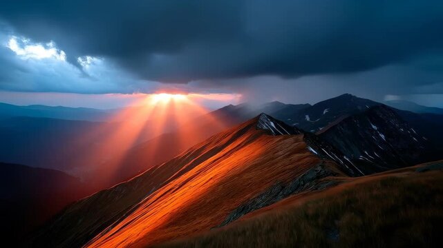 Golden Hour on Mountain Ridge: Majestic mountain ridge illuminated by the sun's radiant rays piercing through a dramatic, cloudy sky, showcasing nature's sublime beauty.