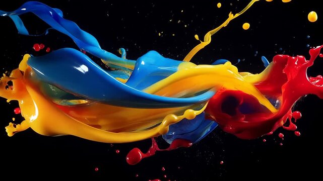 In a studio, paint in blue, red, and yellow splashes mix and dance in the air. Bright colors collide and create interesting patterns during the art activity.