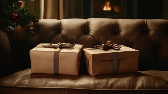 Three gift boxes sitting on a couch, festively wrapped for Christmas or birthdays.