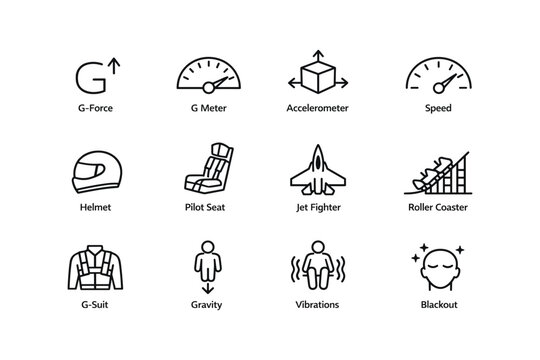 Aviation and science icons: g-force, g meter, accelerometer, speed, jet fighter