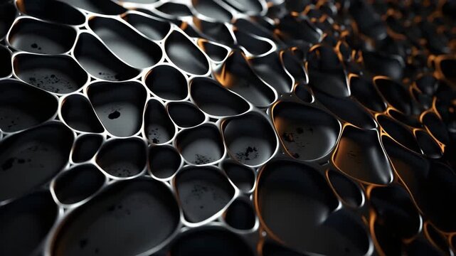 Close views of dark liquid surfaces show unique patterns and shapes under changing light. The camera captures various angles that highlight details of the textures.