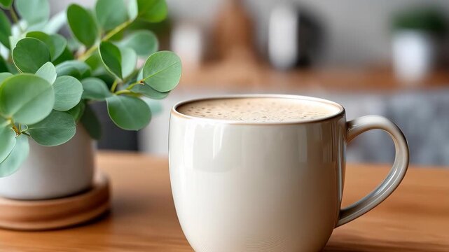 Serene Morning Coffee Moment: A cozy setup with a warm cup of coffee, perfectly complements a touch of nature's calmness through a lush green plant. Inviting, relaxing and fresh.