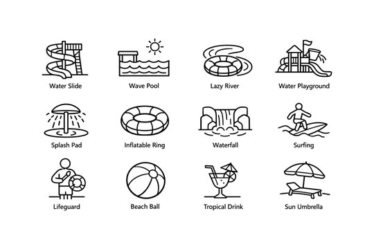 Water park icon set: slides, pools, surfing, lifeguard, beach ball, tropical drinks
