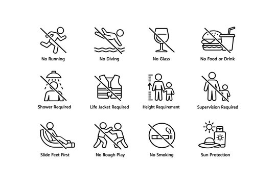 Safety signs: pool rules and regulations icons set