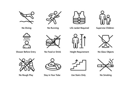 Pool safety signs: rules for diving, running, life jackets, and supervision