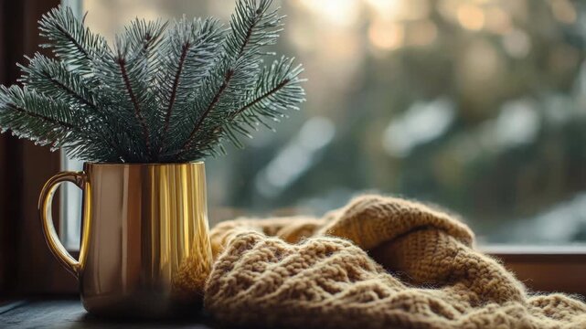 A cozy winter scene featuring a vase of pine branches, a candle, and knitted scarves in a window sill with natural lighting.