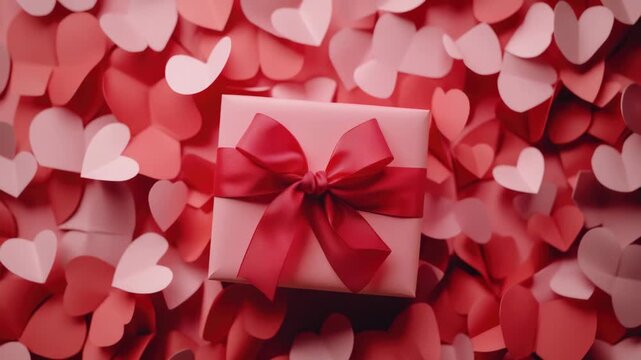 Sweet treat in heart shaped gift box on top of pile of red hearts.