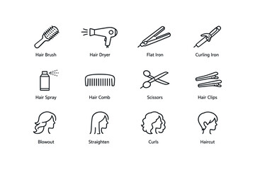 Hair styling tools icons: brush, dryer, flat iron, curler, spray, comb, scissors, clips
